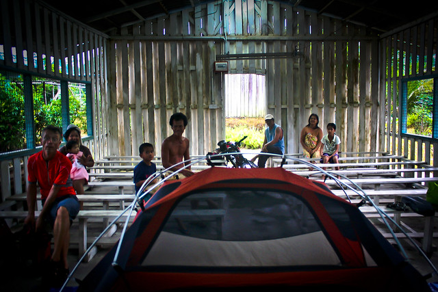 camping at a church in Borneo
